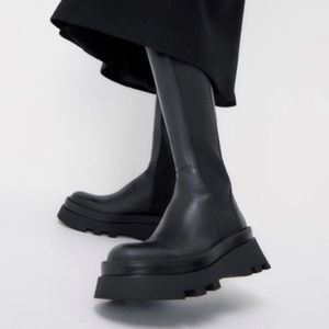 Zara Chunky Lug Sole Tall Leather Boots 38